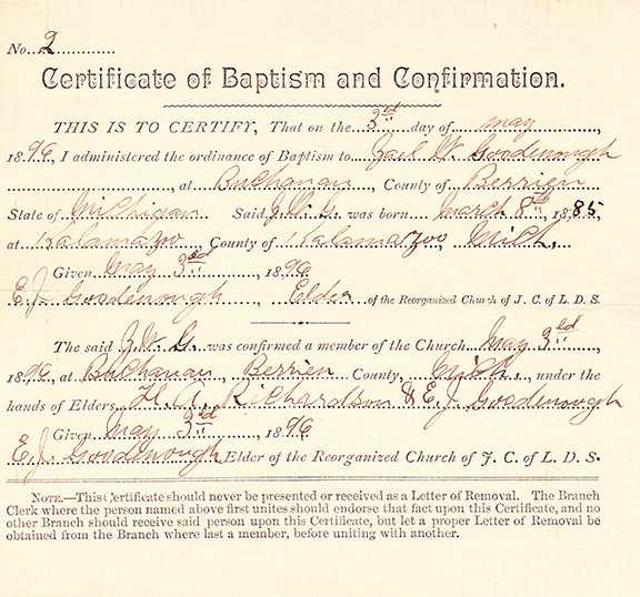 Baptism Certificate, Zael Wall Goodenough - Kalamazoo 1896